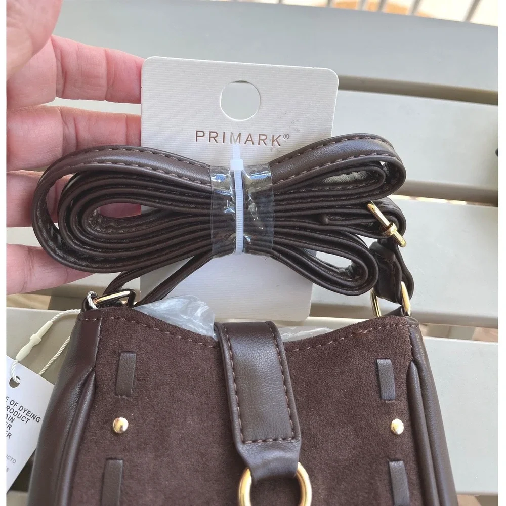 Primark Womens Brown Faux Suede Studded Tassel Phone Crossbody‎ Bag New